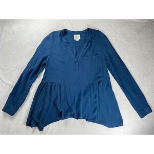 Maeve Anthropologie Teal Blue Rayon Peplum Tunic Blouse Long Sleeve Size 8